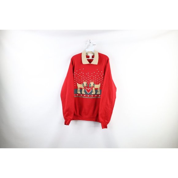 Vintage Other - Vintage 90s Streetwear XL Faded Christmas Reindeer Collared Sweatshirt USA